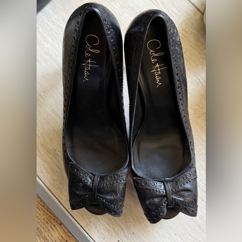 Cole Haan Black Laser-Cut Leather Peep-Toe Pumps with Bow